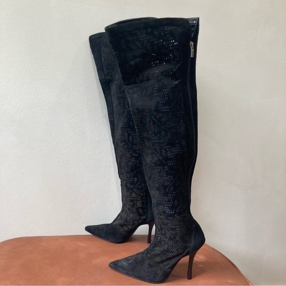 Colin Stuart for VS | Suede Perforated Pointed Toe Over The Knee Heeled Boots - Picture 1 of 13